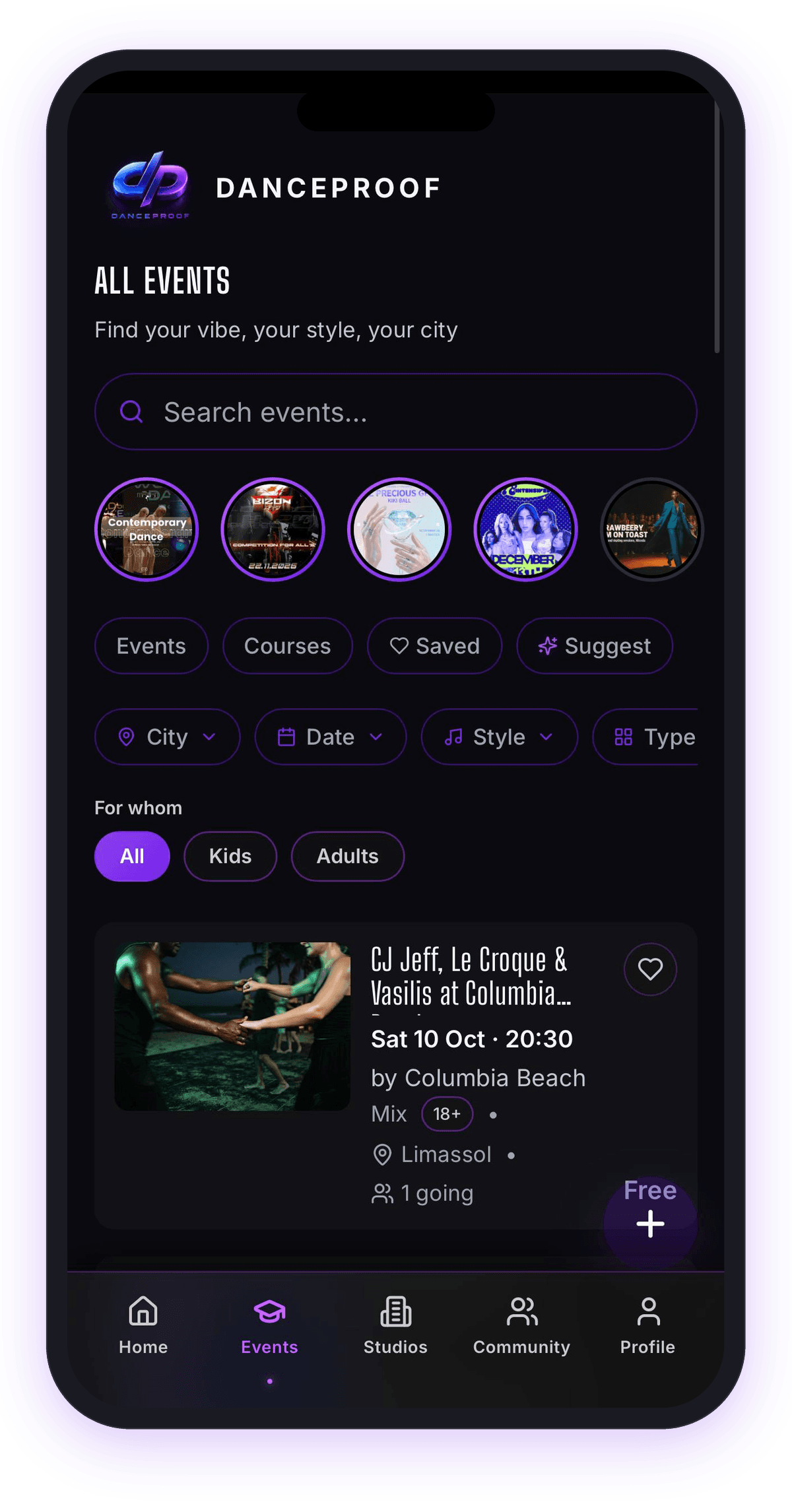 DanceProof app — events feed