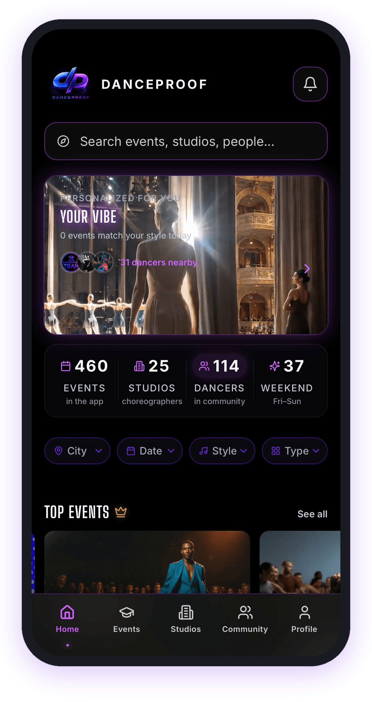 DanceProof app — home screen