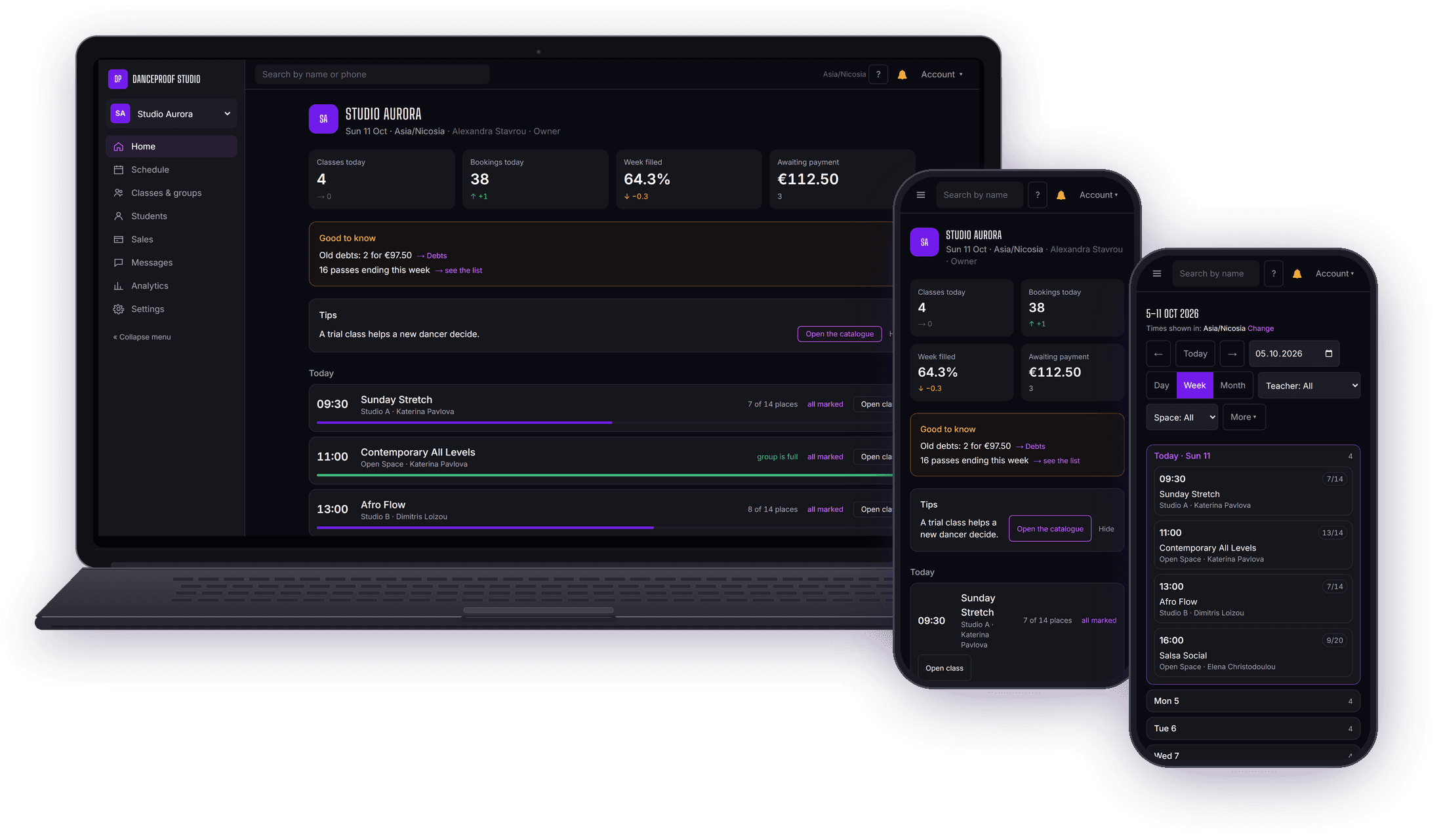 DanceProof Business — studio home and schedule on a laptop and a phone