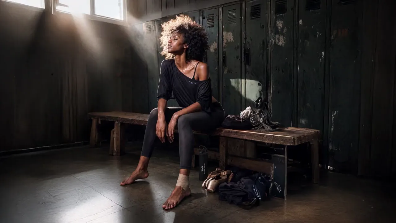 Dancer resting in a studio locker room